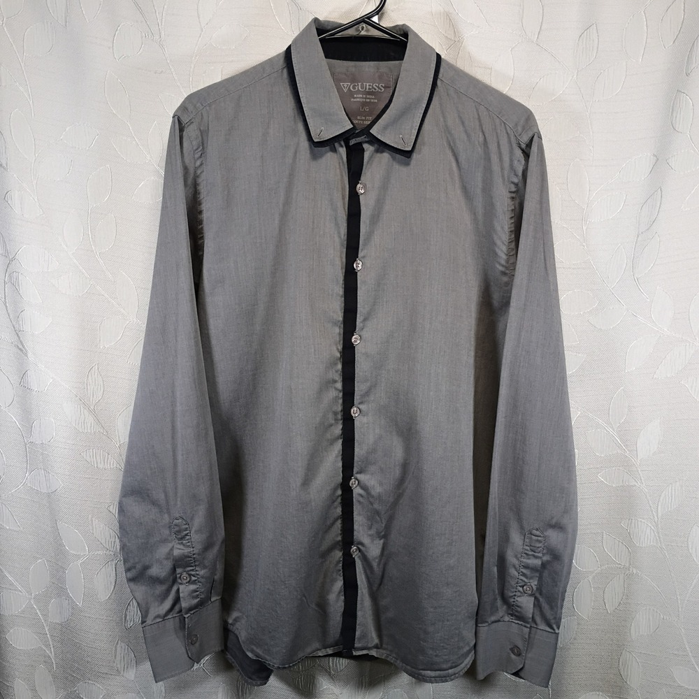 Guess Mens Slim Fit Button Down Shirt Gray Black Contrast Long Sleeve Large